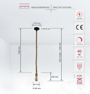 Farmhouse Rustic Hemp Rope Pendant Ceiling Light E27 Fitting - Image 2