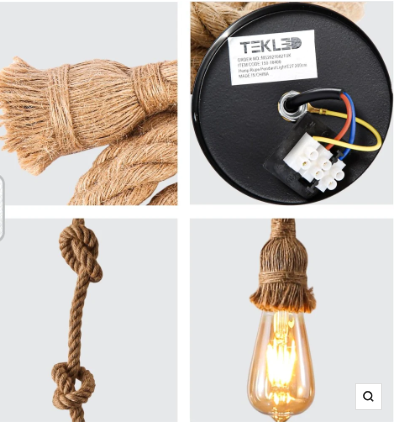 Farmhouse Rustic Hemp Rope Pendant Ceiling Light E27 Fitting - Image 3